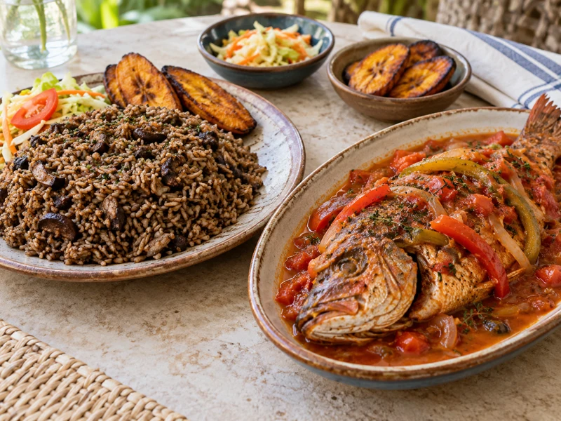 Diri djondjon ak pwason nan sòs oswa fri — complete meal (AI illustration)