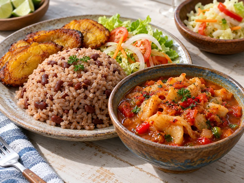 Diri kole ak lanbi — complete meal (AI illustration)
