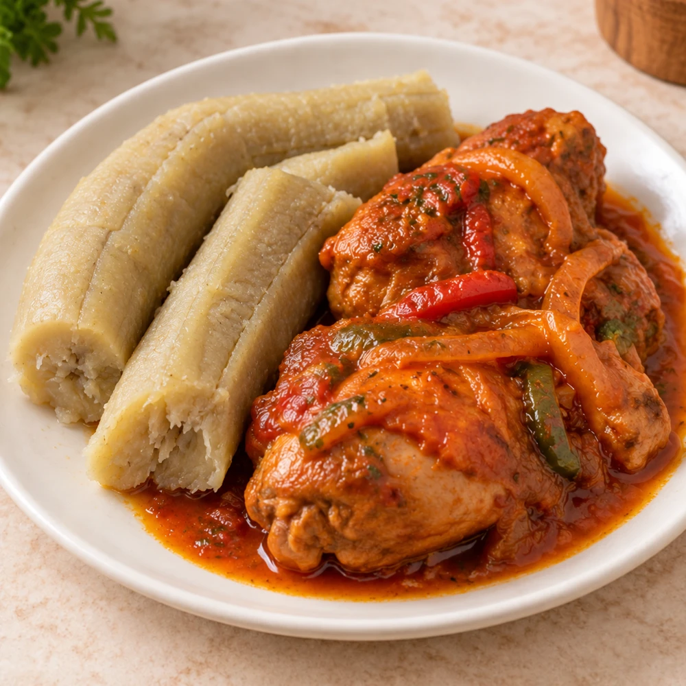 Boiled plantains with stewed hen together on one plate (AI illustration)