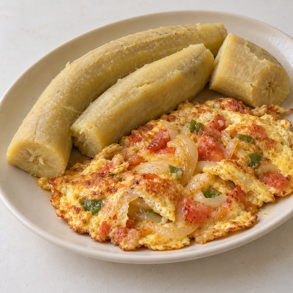 Natural-looking boiled plantains with a fully cooked Haitian-style omelet (AI illustration)