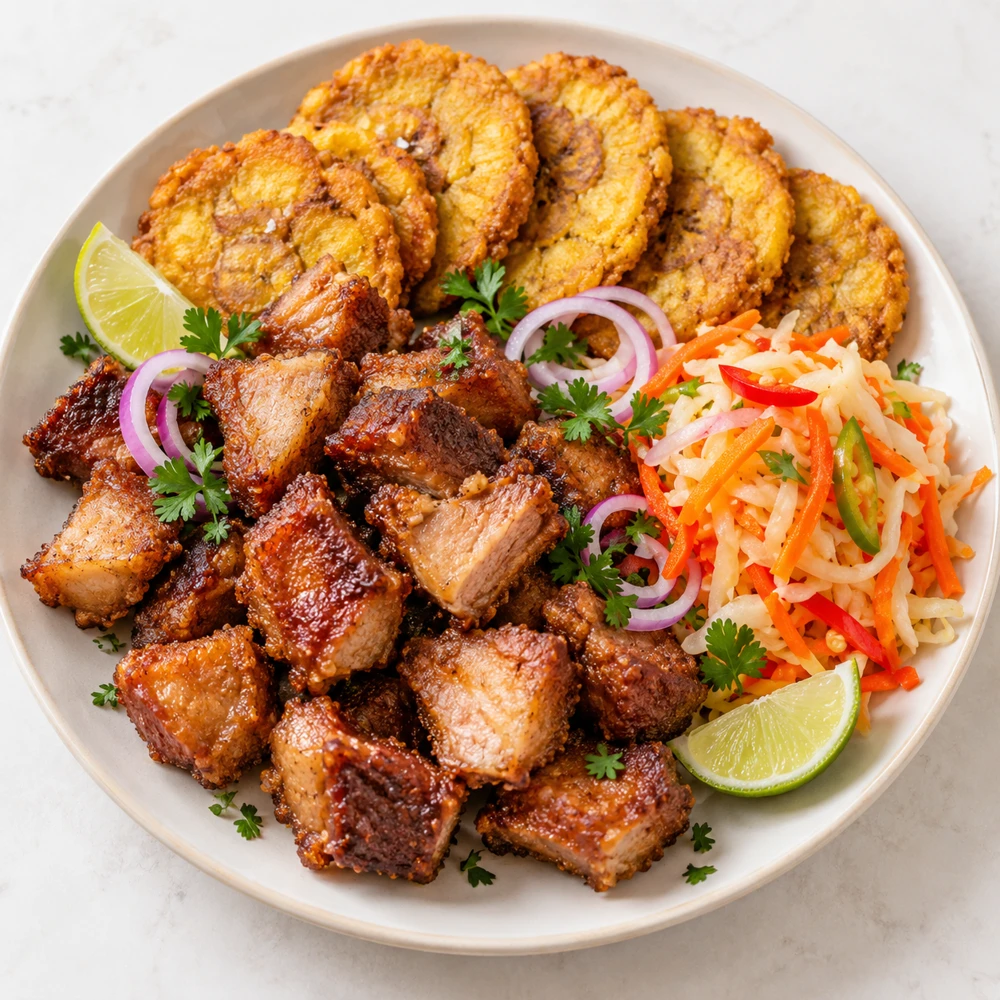 Crispy griyo pork, fried plantains and pikliz decorated together on one plate (AI illustration)