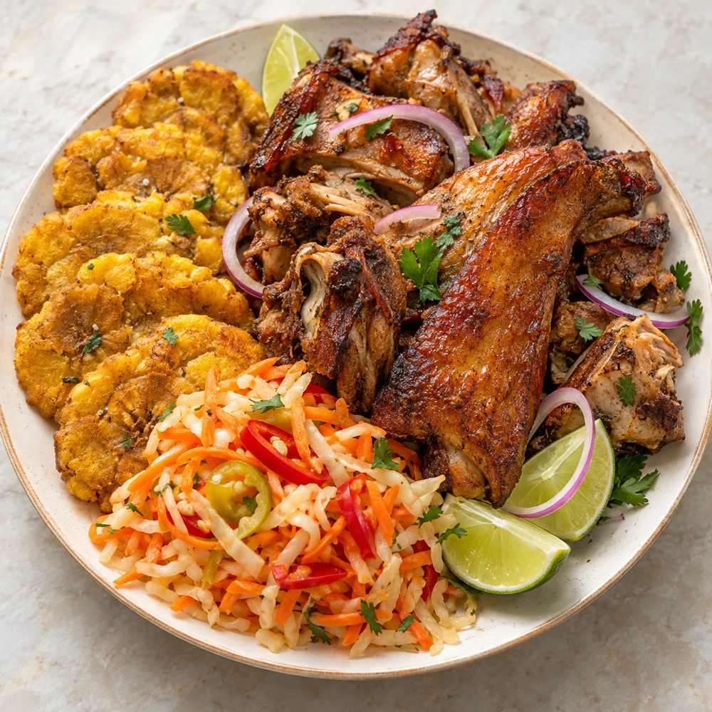 Haitian fried turkey, fried plantains and pikliz together on one plate (AI illustration)