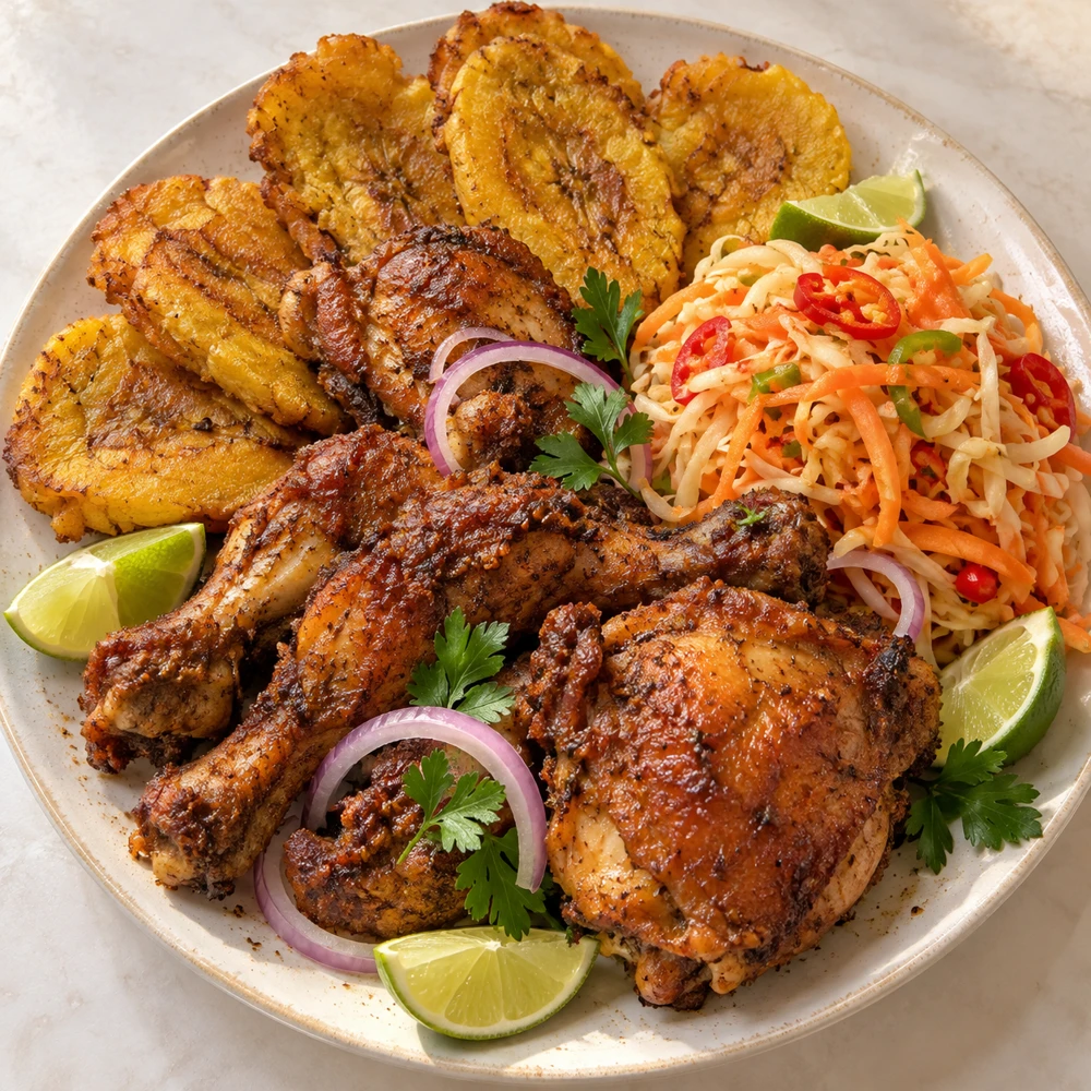 Haitian fried chicken, fried plantains and pikliz together on one plate (AI illustration)