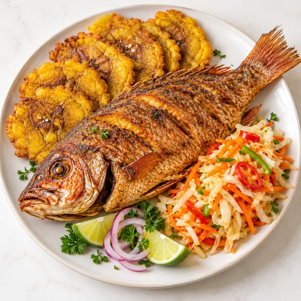 Whole fried fish, fried plantains and pikliz decorated together on one plate (AI illustration)
