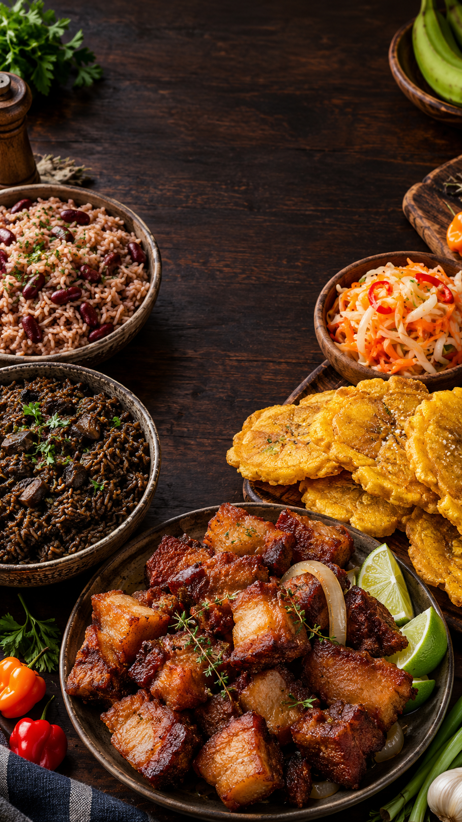 A Haitian-inspired spread with rice, fried plantains, pikliz, and golden meat