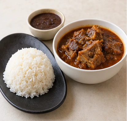 Diri blan, sòs pwa ak sòs kabrit — complete dish (AI illustration)