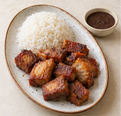 Diri blan, sòs pwa ak griyo — complete dish (AI illustration)