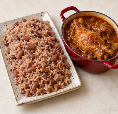 Diri kole ak poul nan sòs oswa poul fri — complete dish (AI illustration)