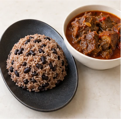 Diri kole ak sòs kabrit — complete dish (AI illustration)
