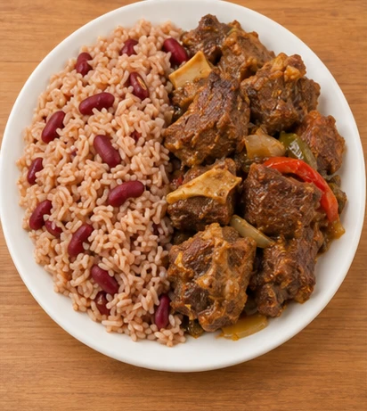 Diri kole ak kabrit — complete dish (AI illustration)